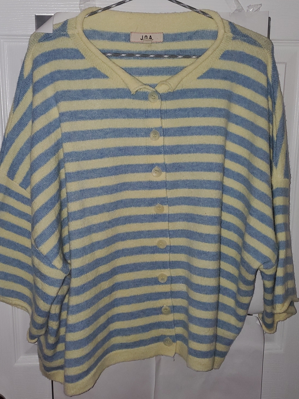 J.O.A. Pastel Yellow and Light Blue Striped Button-Up Cardigan